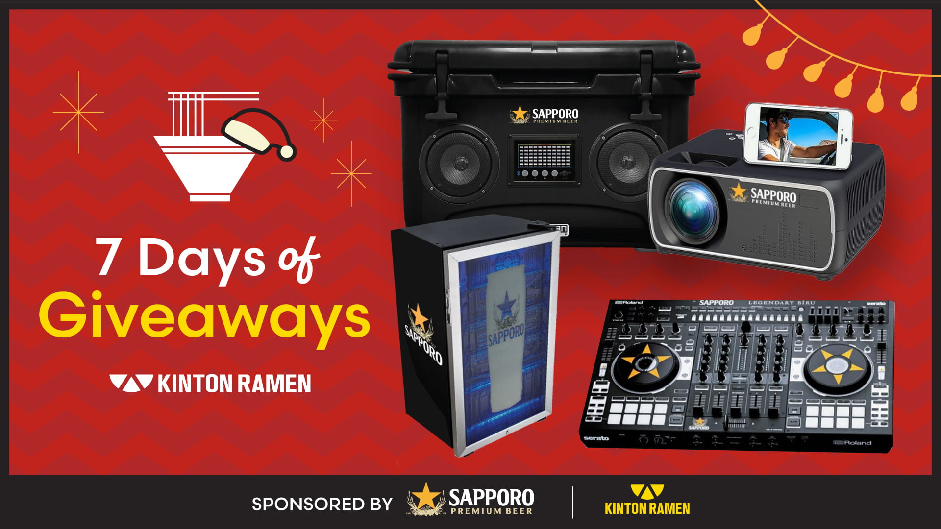 KINTON RAMEN 7 days of Giveaways December 16th - 24th, 2024. Sponsored by SAPPORO PREMIUM BEER