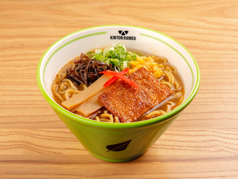 A flavorful bowl of Vegetarian Shoyu ramen, featuring a rich broth and savory toppings, served at Kinton Ramen.