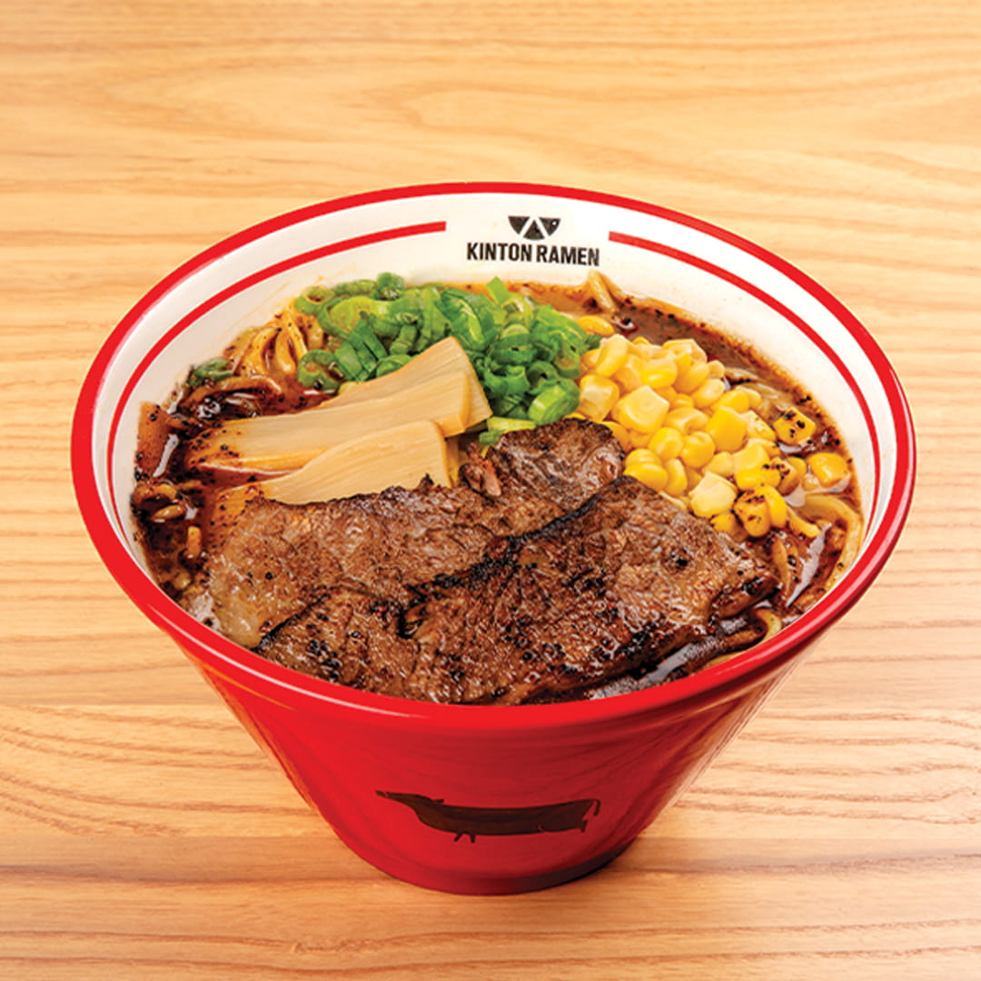 A bowl of Beef Miso ramen, showcasing tender beef slices, rich miso broth, and fresh toppings, served at Kinton Ramen.