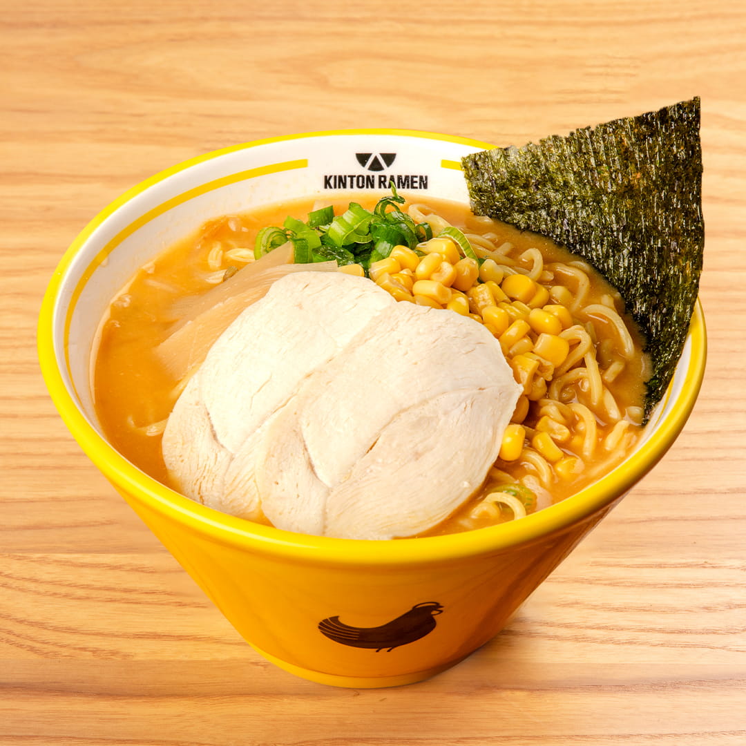 A savory bowl of Chicken Miso ramen, featuring tender chicken, rich miso broth, nori, and fresh toppings, served at Kinton Ramen.