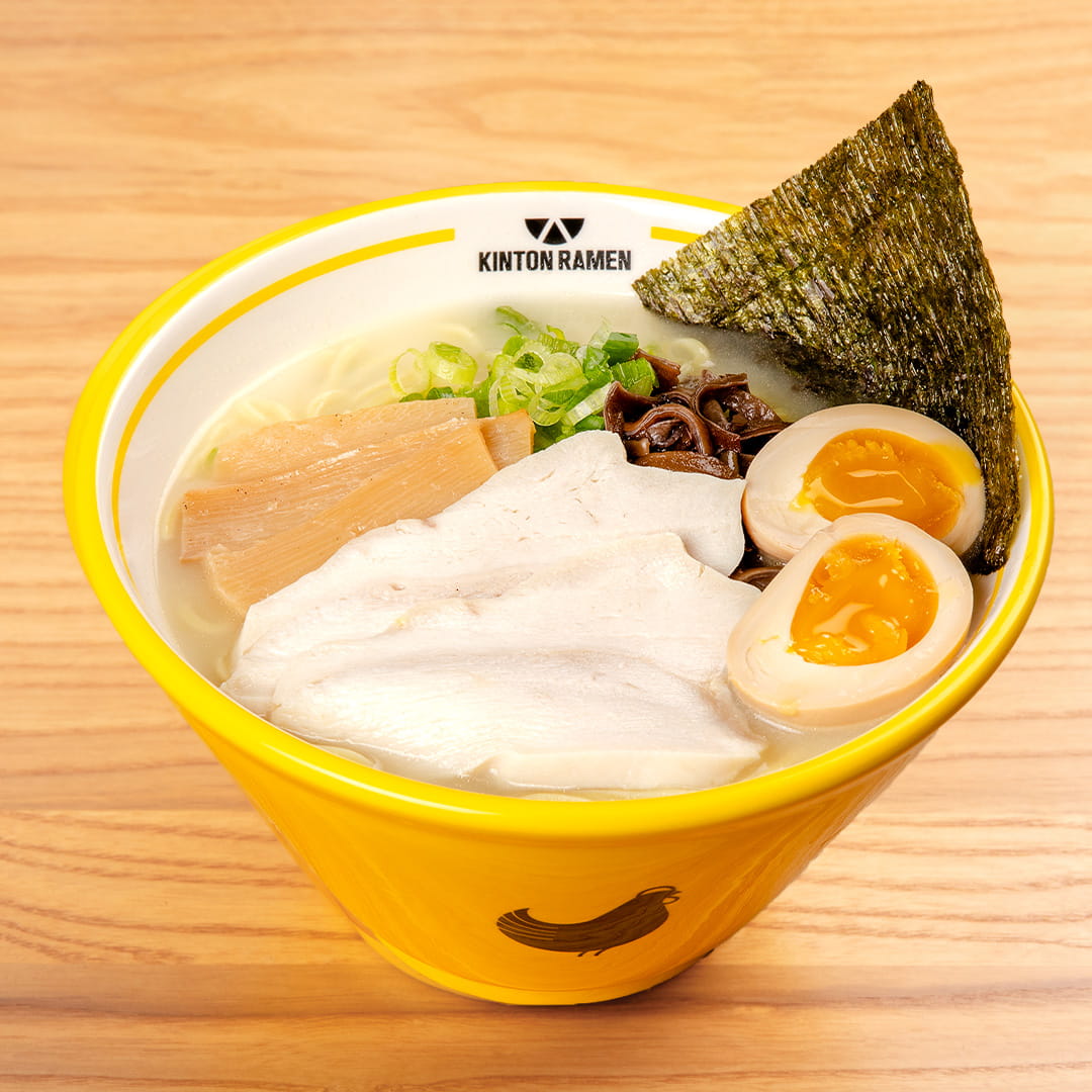 A delicious bowl of Chicken Original ramen, featuring tender chicken slices, rich broth, nori, and fresh toppings, served at Kinton Ramen.