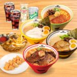 Kinton Ramen meal set for four, featuring an assortment of ramen bowls, fresh toppings, and side dishes, perfect for sharing with family and friends.