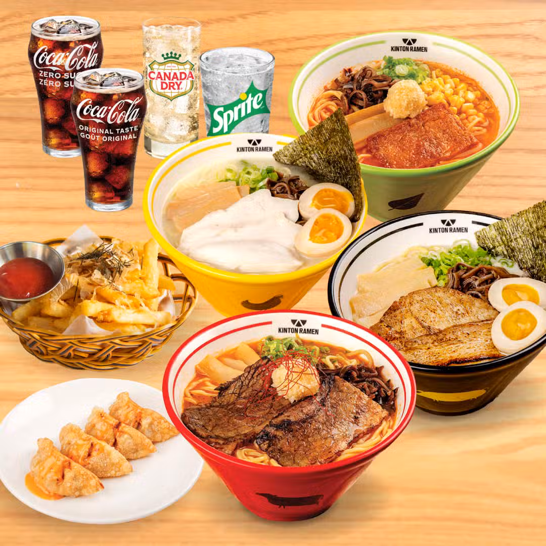 Kinton Ramen meal set for four, featuring an assortment of ramen bowls, fresh toppings, and side dishes, perfect for sharing with family and friends.